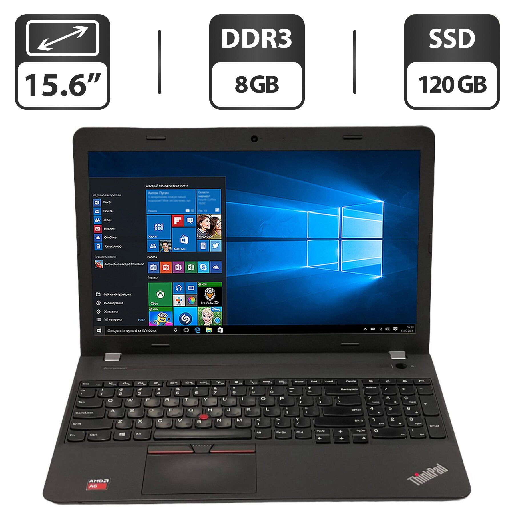 Ноутбук Б-класс Lenovo ThinkPad E555 / 15.6" (1366x768) TN / AMD A6-7000 (2 ядра по 2.2 - 3.0 GHz) / 8 GB DDR3 / 120 GB SSD / AMD Radeon R4 Graphics / WebCam / Windows 10 Pro 
Ноутбук Б-класс Lenovo ThinkPad E555 / 15.6" (1366x768) TN / AMD A6-7000 (2 ядра по 2.2 - 3.0 GHz) / 8 GB DDR3 / 120 GB SSD / AMD Radeon R4 Graphics / WebCam / Windows 10 Pro