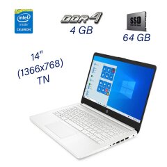 Новый сенсорный ноутбук HP 14-dq0080nr / 14" (1366x768) TN / Intel Celeron N4020 (2 ядра по 1.1 - 2.8 GHz) / 4 GB DDR4 / 64 GB SSD / WebCam