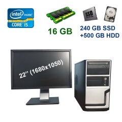Hyundai Tower / Intel Core i5-3330 (4 ядра 3.0 - 3.2 GHz) / 16 GB DDR3 / 120 GB SSD+500 GB HDD / Блок питания FSP Group 350W / DVD-RW + Dell P2210 / 22" (1680x1050) TFT TN / DVI, DP, VGA, USB 2.0