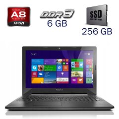 Ноутбук Lenovo G50-45 / 15.6" (1366x768) TN / AMD A8-6410 (4 ядра по 2.4 GHz) / 6 GB DDR3 / 256 GB SSD / AMD Radeon R5 Graphics / WebCam / Windows 10 PRO Lic