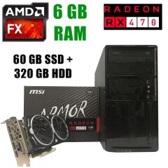 EuroCom ATX / AMD FX-6300 (6 ядер по 3.5 - 3.8GHz)/ 6GB DDR3/ 60GB SSD+320GB HDD/ БЖ 1300W NEW/ Radeon RX470 4GB DDR5 256bit / HDMI, DVI, DP