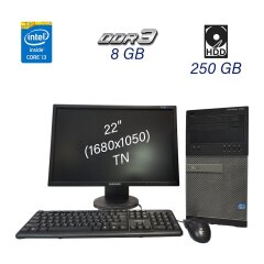 Комплект ПК Dell OptiPlex 7010 Tower / Intel Core i3-3220 (2 (4) ядра по 3.3 GHz) / 8 GB DDR3 (2x 4 GB) / 250 GB HDD / DVD-RW + Монітор Samsung 2243 / 22" (1680x1050) TN / 1x VGA, 1x DVI / Поворотний екран + Клавіатура + Миша