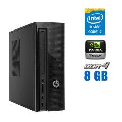Компьютер HP Slimline 270-p024 SFF / Intel Core i7-7700T (4 (8) ядра по 2.9 - 3.8 GHz) / 8 GB DDR4 / 256 GB SSD M.2 + 500 GB HDD / nVidia Tesla P4, 8 GB GDDR5, 256-bit / WiFi / Win 10 Pro Lic