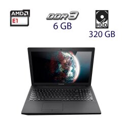 Ноутбук Lenovo G505 / 15.6" (1366x768) TN / AMD E1-2100 (2 ядра по 1 GHz) / 6 GB DDR3 / 320 GB HDD / ATI Mobility Radeon HD 8100 512 MB / WebCam / USB 3.0 / HDMI / Windows 7