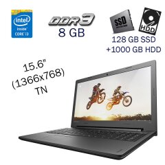 Игровой ноутбук Lenovo IdeaPad 100-15IBD / 15.6" (1366x768) TN / Intel Core i3-5005U (2 (4) ядра по 2.0 GHz) / 8 GB DDR3 / 128 GB SSD+1000 GB HDD / nVidia GeForce 920MX, 2 GB GDDR5, 64-bit / WebCam / Windows 10 PRO Lic