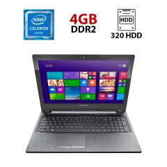 Ноутбук Б-клас Lenovo G50-45 / 15.6" (1366x768) TN / Intel Celeron N2830 (2 ядра по 2.16 - 2.41 GHz) / 4 GB DDR2 / 320 GB HDD / Intel HD Graphics Atom Z3700 / WebCam / Батарея не тримає
