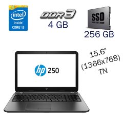 Ноутбук HP 250 G3 / 15.6" (1366x768) TN / Intel Core i3-4005U (2 (4) ядра по 1.7 GHz) / 4 GB DDR3 / 256 GB SSD / nVidia GeForce 820M, 1 GB DDR3, 64-bit / WebCam / DVD-ROM