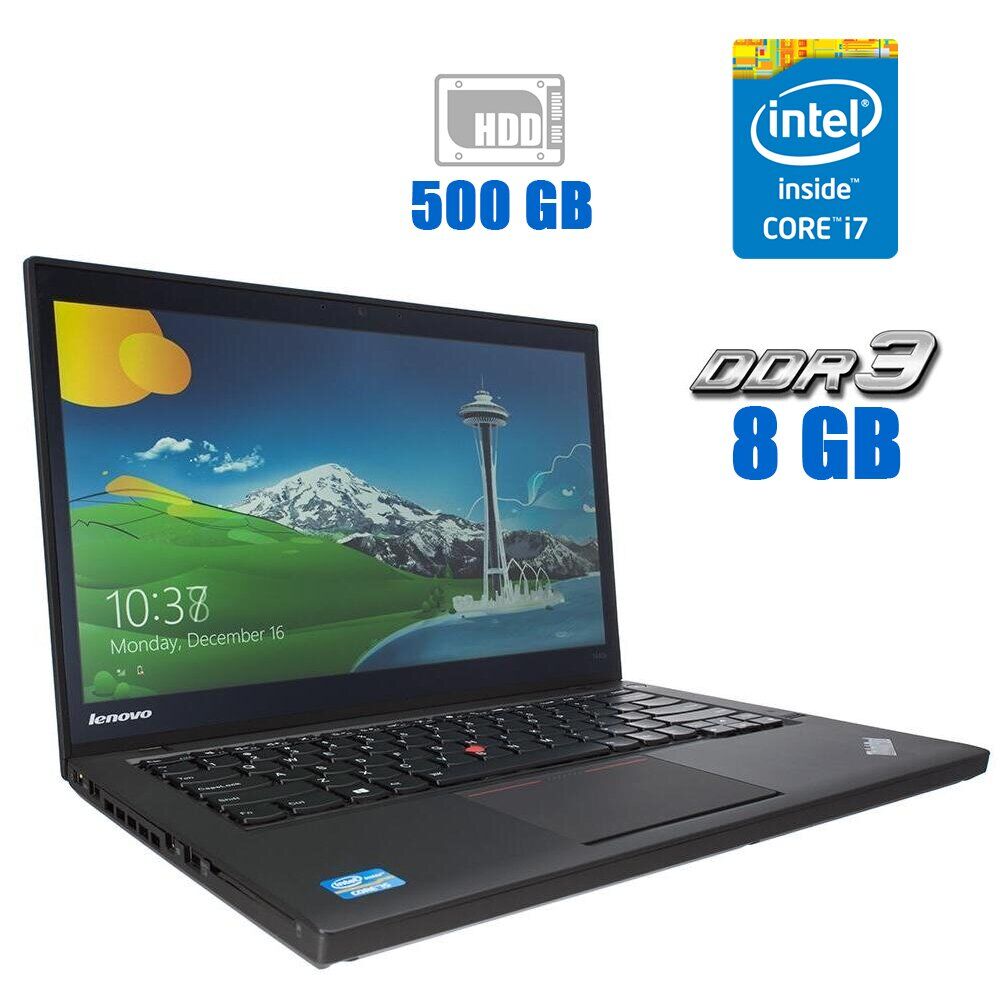 

Ноутбук Б-класс Lenovo ThinkPad T440 / 14" (1600x900) TN / Intel Core i7-4600U (2 (4) ядра по 2.1 - 3.3 GHz) / 8 GB DDR3 / 500 GB HDD / Intel HD Graphics 4400 / WebCam