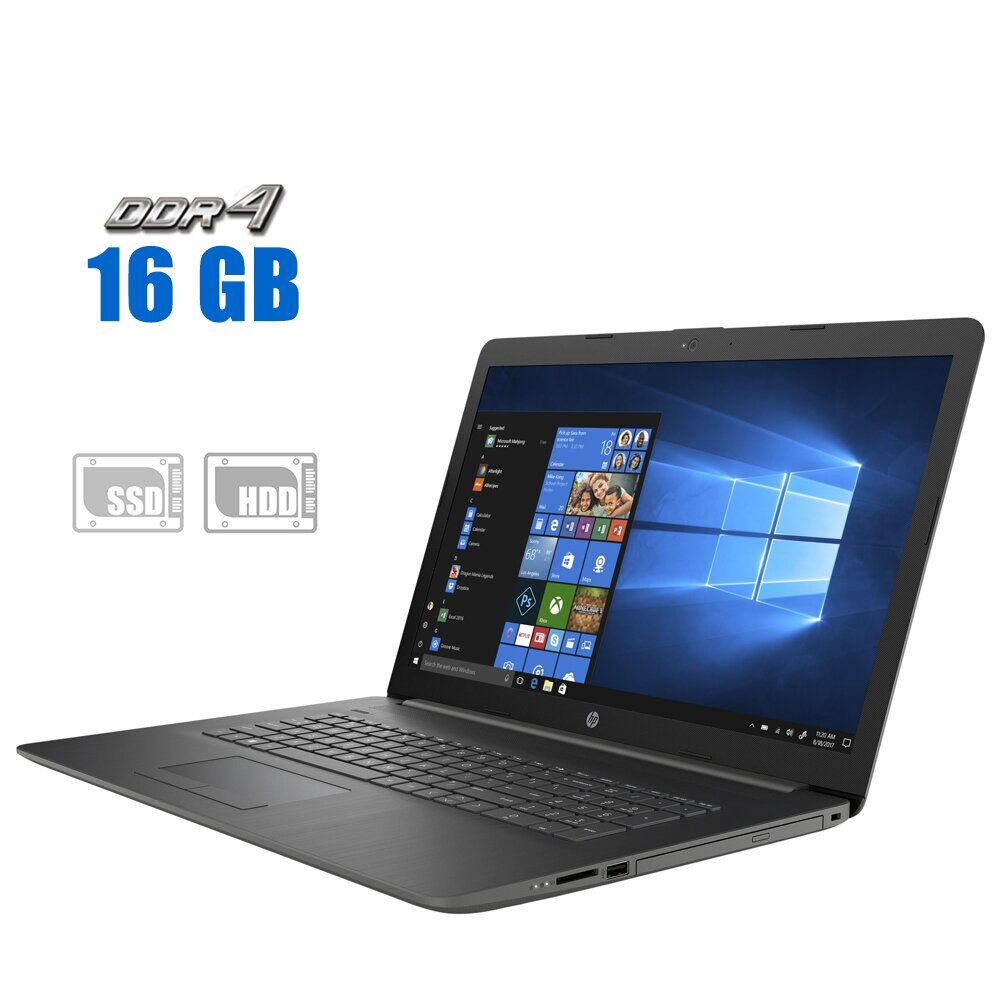 

Ноутбук HP 17-by0053od / 17.3" (1600x900) TN / Intel Core i3-8130U (2 (4) ядра по 2.2 - 3.4 GHz) / 16 GB DDR4 / 256 GB SSD M.2 + 750 GB HDD / Intel UHD Graphics 620 / WebCam / Windows 10