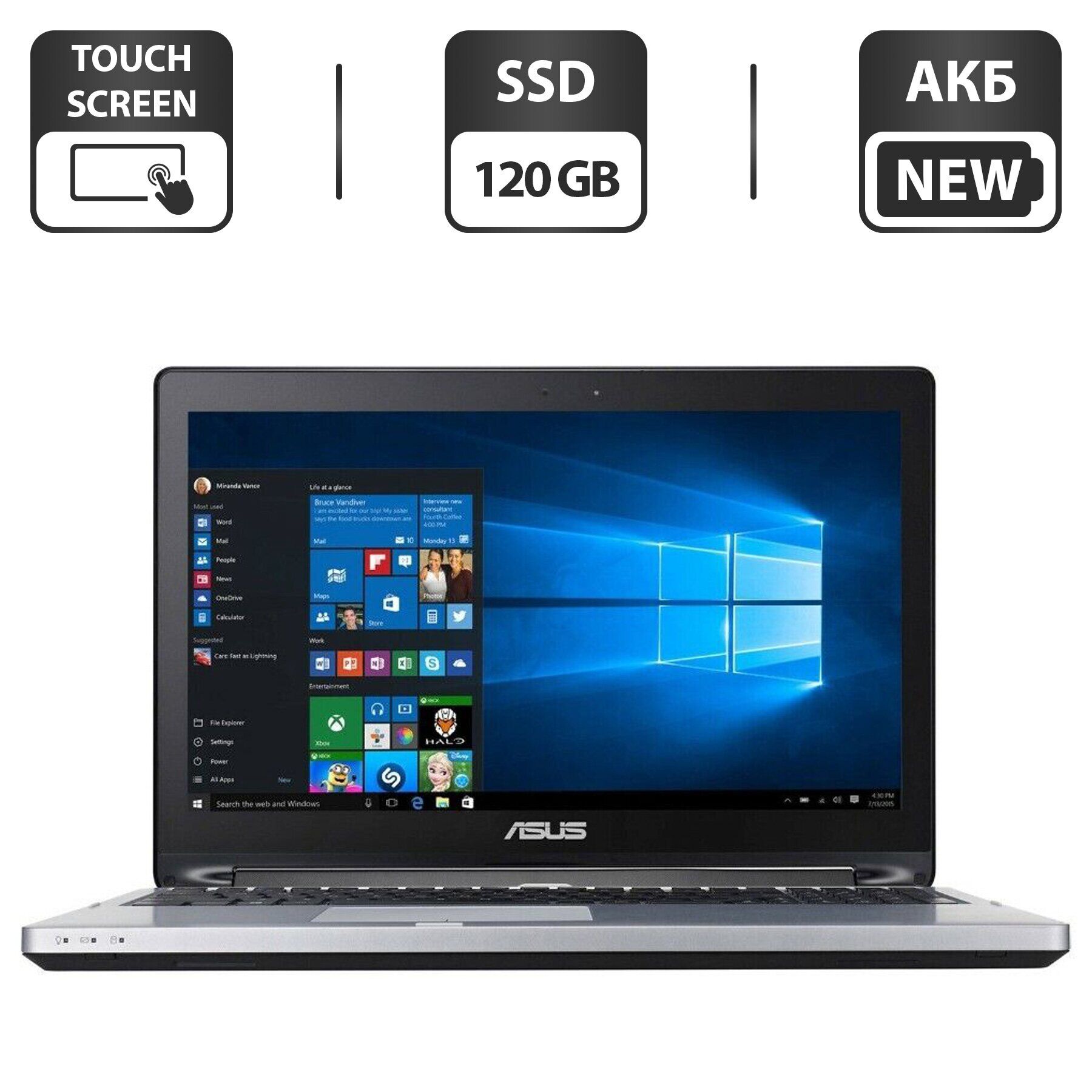 

Ноутбук Asus R554L / 15.6" (1366x768) TN Touch / Intel Core i3-4030U (2 (4) ядра по 1.9 GHz) / 4 GB DDR3 / 120 GB SSD / Intel HD Graphics 4400 / WebCam / DVD-ROM / Windows 10 Home / АКБ NEW