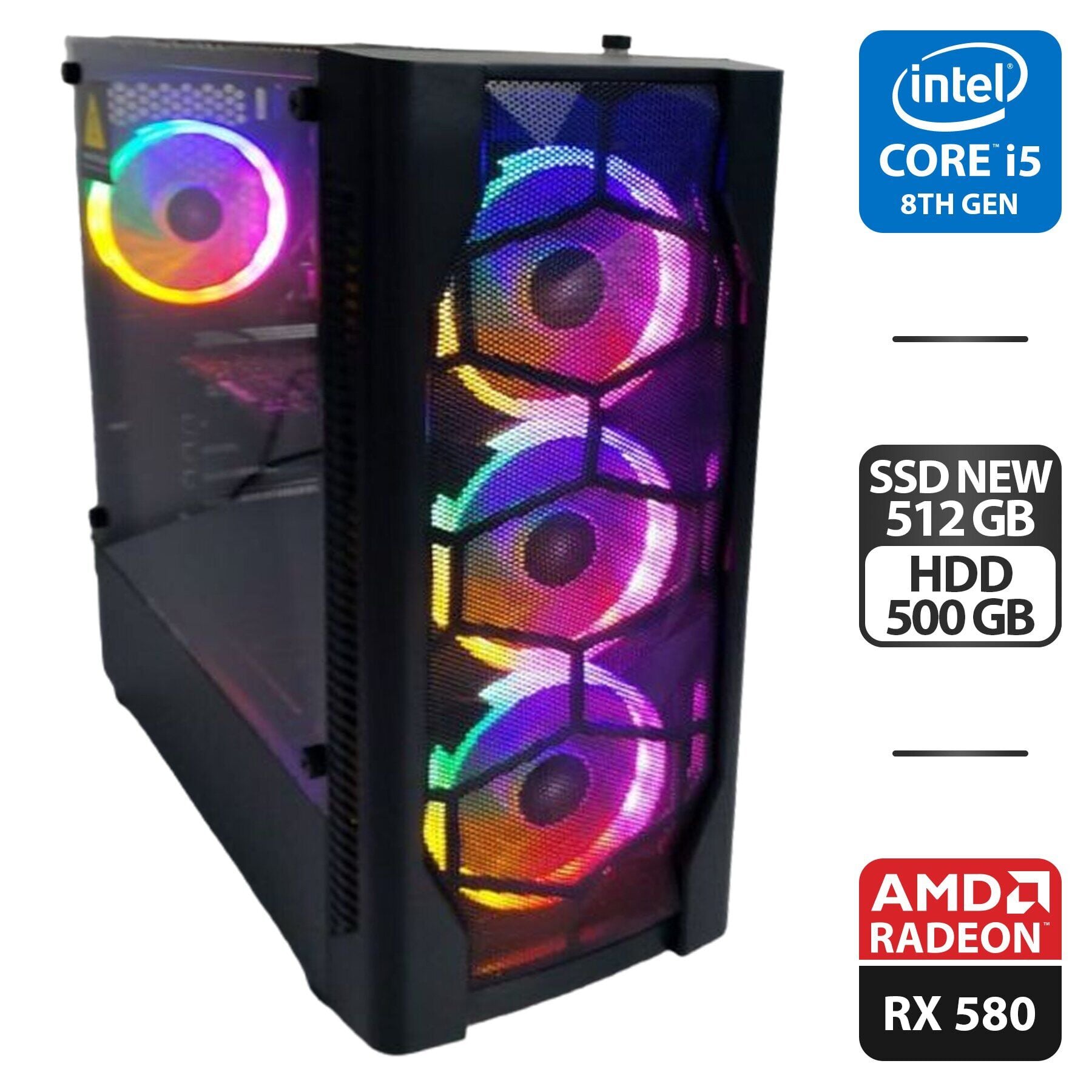 Игровой ПК 1stPlayer Fire Dancing V2 Tower / Intel Core i5-8400 (6 ядер по 2.8 - 4.0 GHz) / 16 GB DDR4 / 512 GB SSD + 500 GB HDD / AMD Radeon RX 580, 8 GB GDDR5, 256-bit / 500W + Мышка, кабели в комплекте