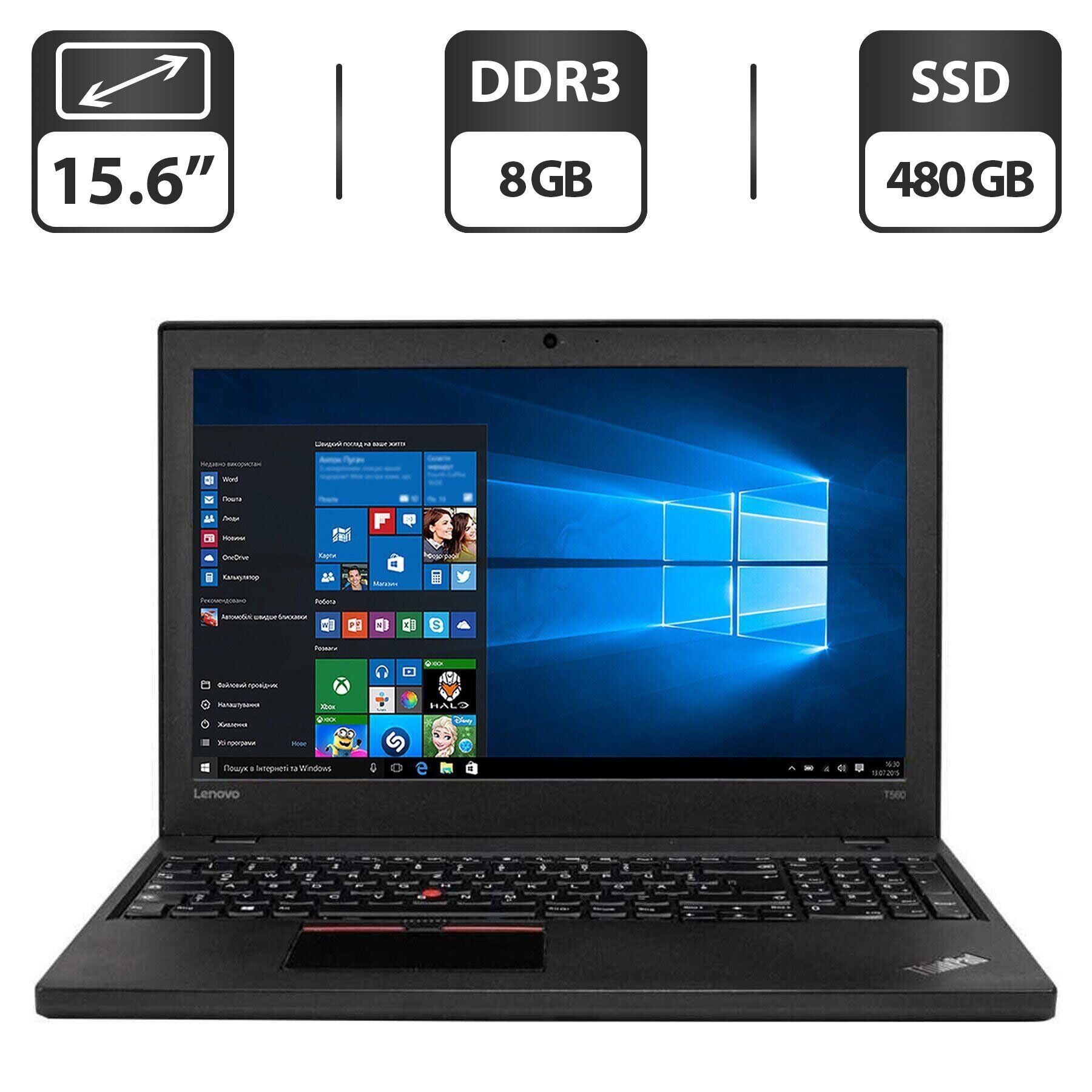 

Ноутбук Lenovo ThinkPad T560 / 15.6" (1366x768) TN / Intel Core i5-6200U (2 (4) ядра по 2.3 - 2.8 GHz) / 8 GB DDR3 / 480 GB SSD / Intel HD Graphics 520 / WebCam / HDMI