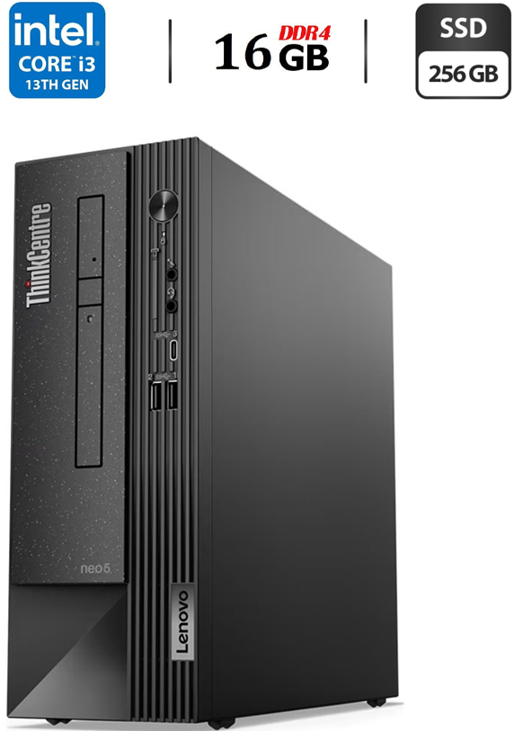 

Компьютер Lenovo ThinkCentre Neo 50s Gen 4 SFF / Intel Core i3-13100 (4 (8) ядра по 3.4 - 4.5 GHz) / 16 GB DDR4 / 256 GB SSD M.2 / Intel UHD Graphics 730 / HDMI / VGA / DisplayPort / 260W