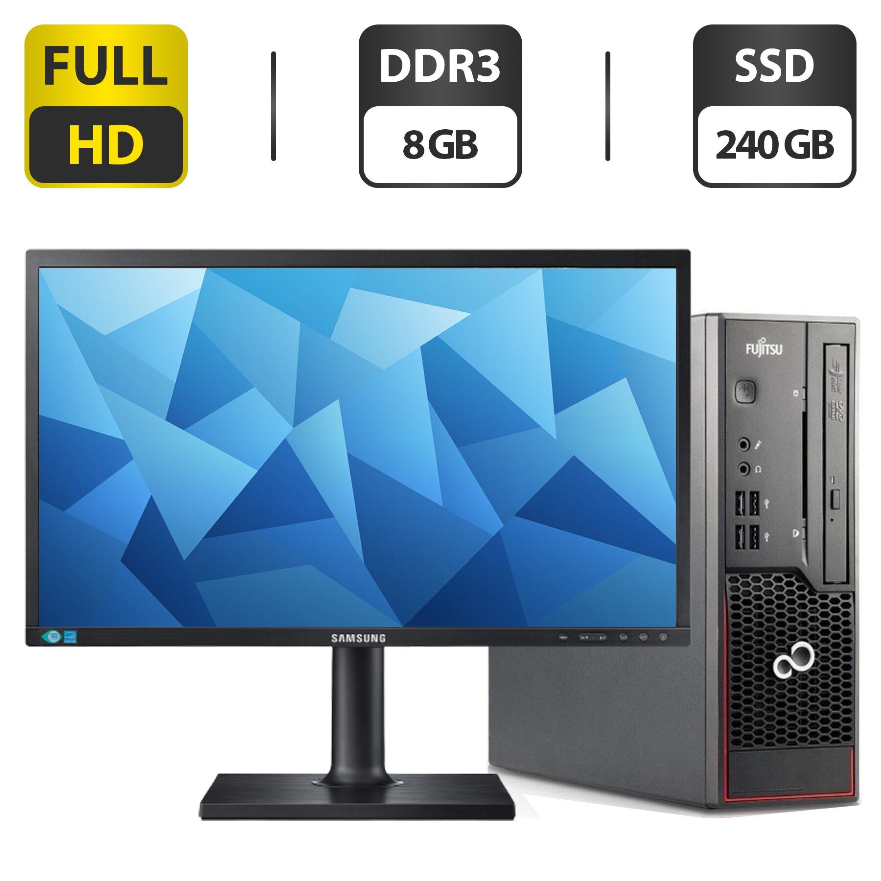 

Комплект ПК: Fujitsu Esprimo C710 SFF / Intel Core i7-3770 (4 (8) ядра по 3.4 - 3.9 GHz) / 8 GB DDR3 / 240 GB SSD / Intel HD Graphics 4000 / DVD-ROM + Монитор Samsung LS24E65UPLX/CI / 23.6" (1920x1080) PLS / VGA, HDMI, DisplayPort + Кабели в комплекте