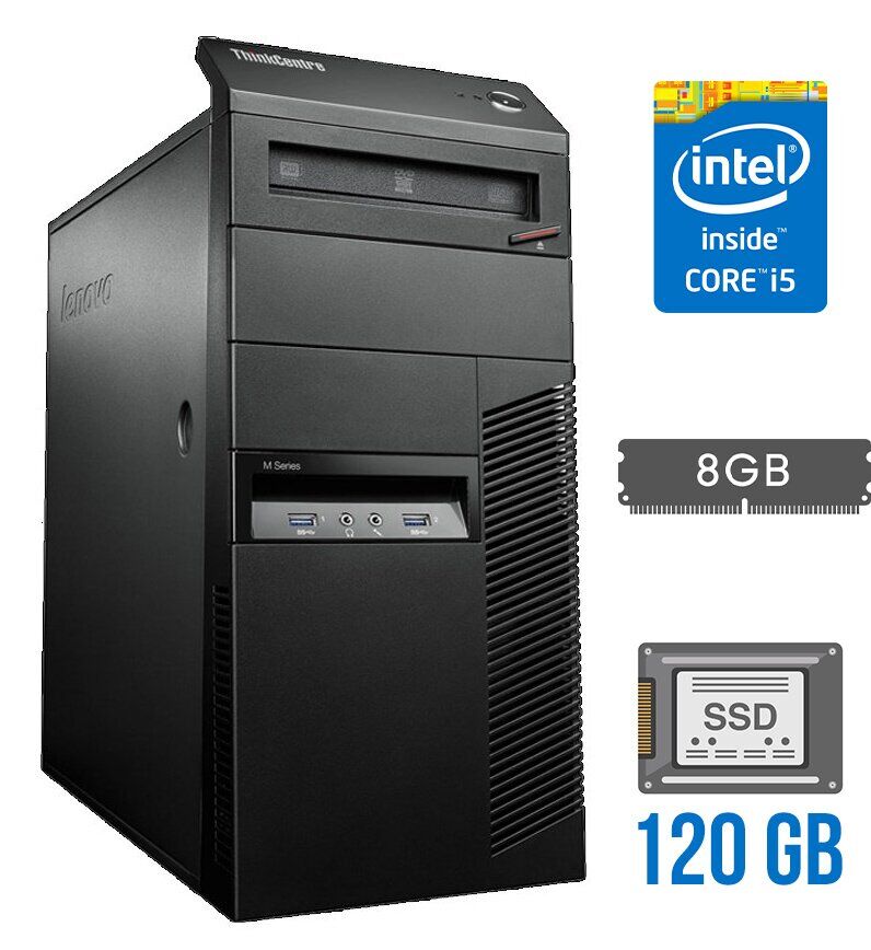 

Компьютер Lenovo ThinkCentre M93p Tower / Intel Core i5-4590 (4 ядра по 3.3 - 3.7 GHz) / 8 GB DDR3 / 120 GB SSD / Intel HD Graphics 4600 / 280W / DVD-RW / DisplayPort