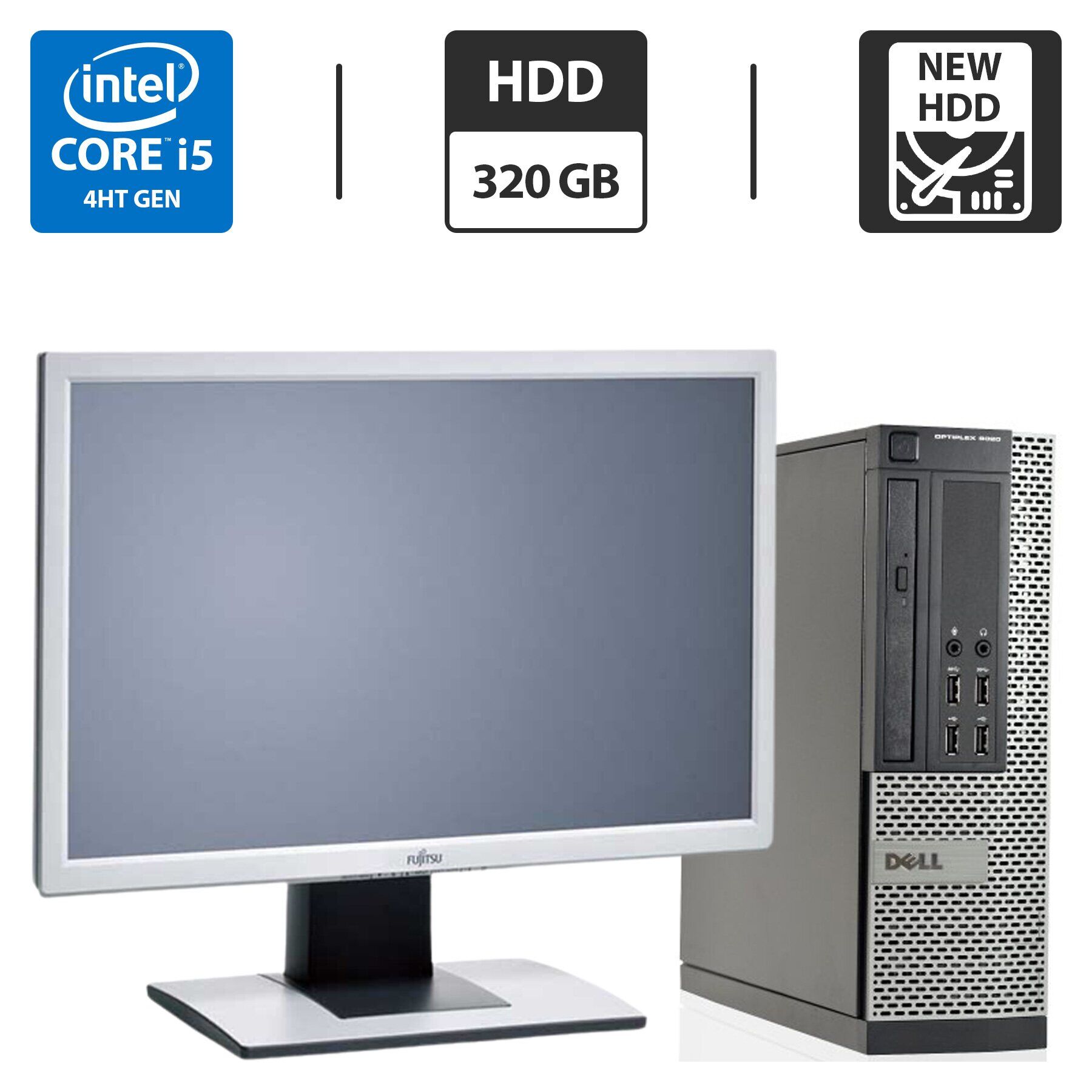 

Комплект ПК: Dell OptiPlex 9020 SFF / Intel Core i5-4590 (4 ядра по 3.3 - 3.7 GHz) / 8 GB DDR3 / 320 GB HDD NEW / Intel HD Graphics 4600 + Монитор Б-класс Fujitsu B22w-5 / 22" (1680x1050) TN / DVI, VGA / ВстрКолонки 2x 1.0W + Мышка, клавиатура в комплекте