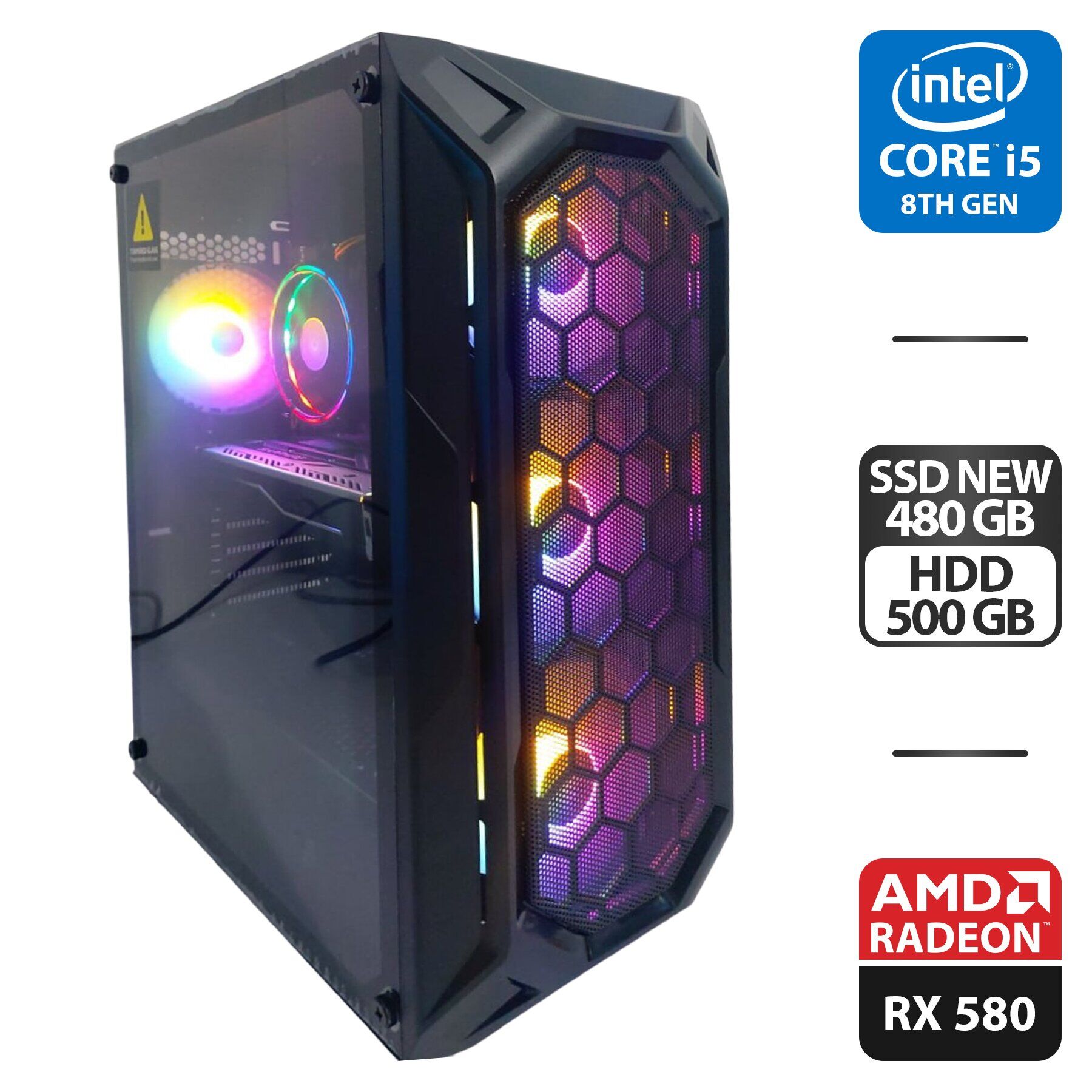 

Игровой ПК 1stPlayer FireBase X6 Tower NEW / Intel Core i5-8500 (6 ядра по 3.0 - 4.1 GHz) / 16 GB DDR4 / 480 GB SSD NEW + 500 GB HDD / AMD Radeon RX 580, 8 GB GDDR5, 256-bit / 600W NEW / HDMI + Мышка, кабели DVI и питания