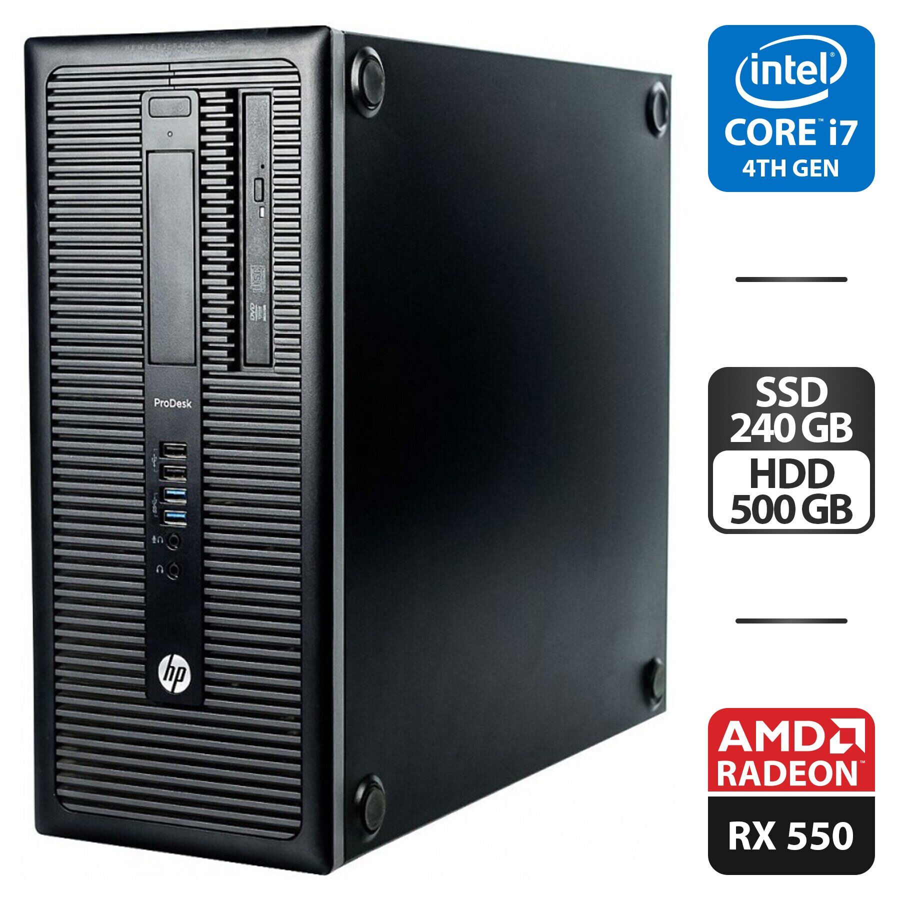 

Компьютер HP ProDesk 600 G1 Tower / Intel Core i7-4770 (4 (8) ядра по 3.4 - 3.9 GHz) / 8 GB DDR3 / 240 GB SSD + 500 GB HDD / AMD Radeon RX 550, 2 GB GDDR5, 64-bit / DVD-ROM / HDMI