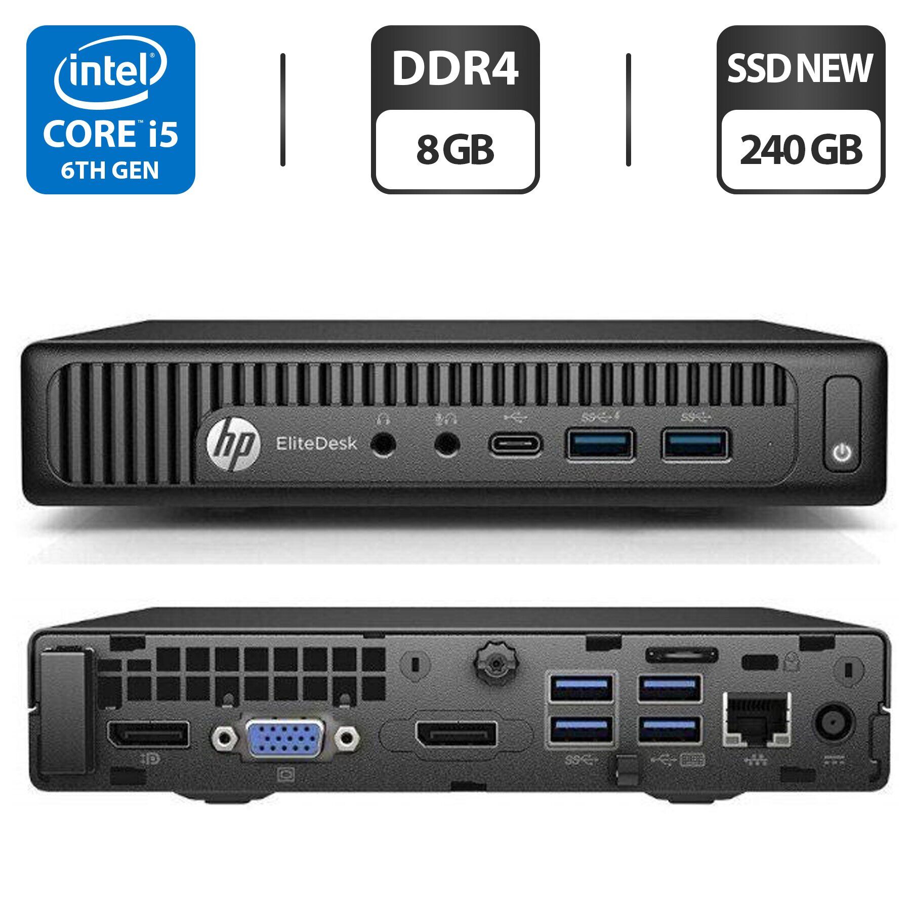 

Неттоп HP EliteDesk 800 G2 USFF / Intel Core i5-6500T (4 ядра по 2.5 - 3.1 GHz) / 8 GB DDR4 / 240 GB SSD NEW / Intel HD Graphics 530 / VGA / Windows 11 Pro + Блок питания