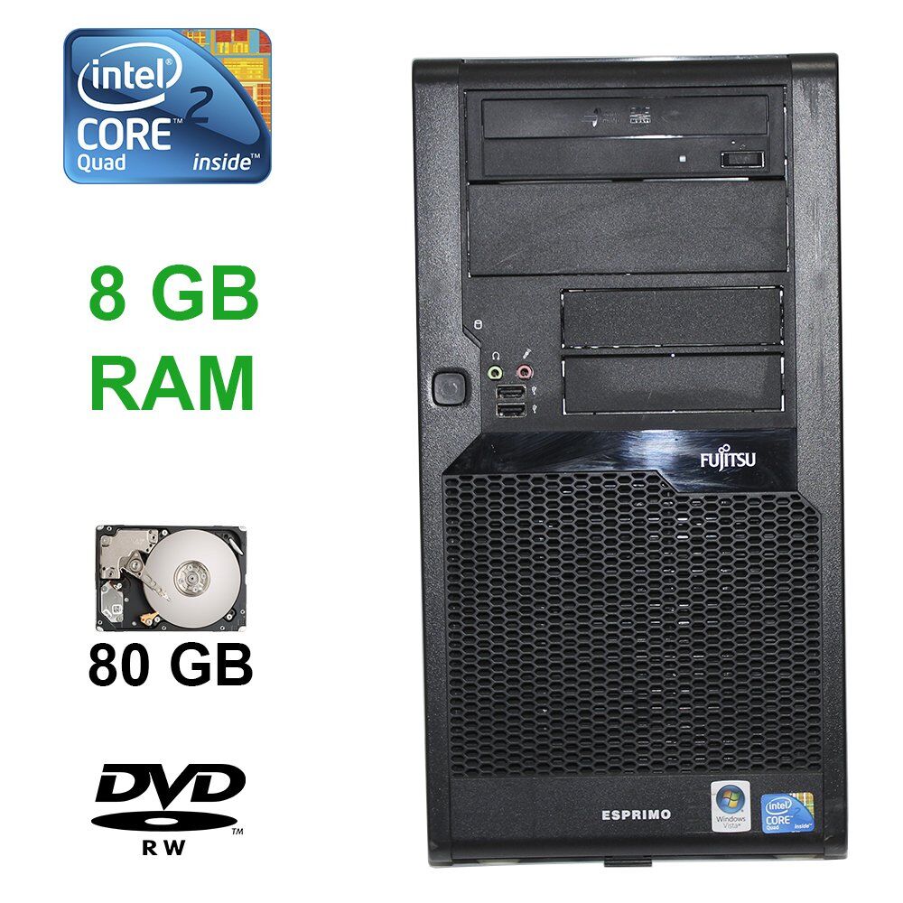 

Fujitsu Esprimo P7935 E85+ / Intel Core 2 Quad Q8300 (4 ядра по 2,50GHz) / 8 GB DDR2 / 80 GB HDD / ATI Radeon FirePro 3D V3800 512 МБ / DVD-RW