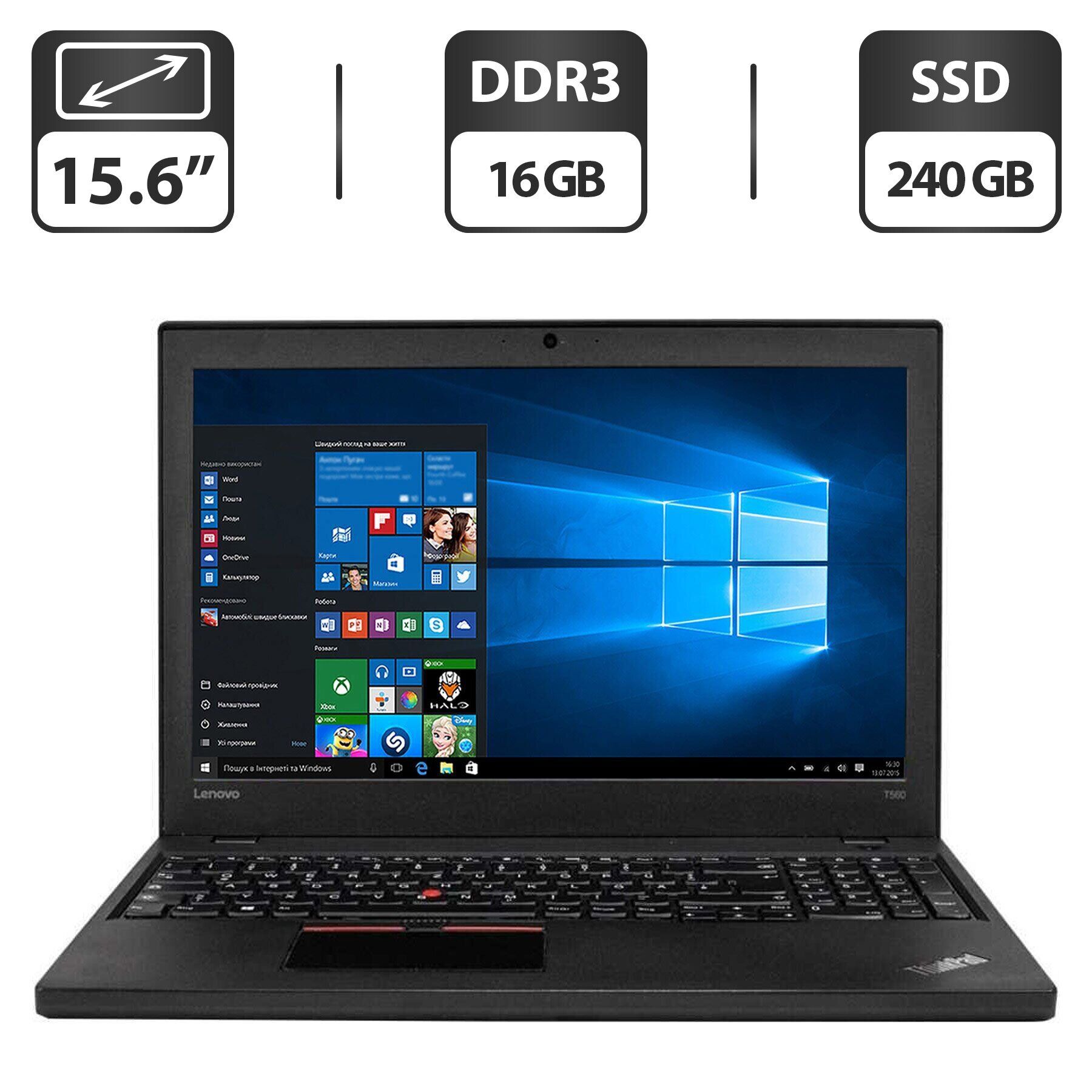 

Ноутбук Lenovo ThinkPad T560 / 15.6" (1366x768) TN / Intel Core i5-6200U (2 (4) ядра по 2.3 - 2.8 GHz) / 16 GB DDR3 / 240 GB SSD / Intel HD Graphics 520 / WebCam / HDMI / Два АКБ