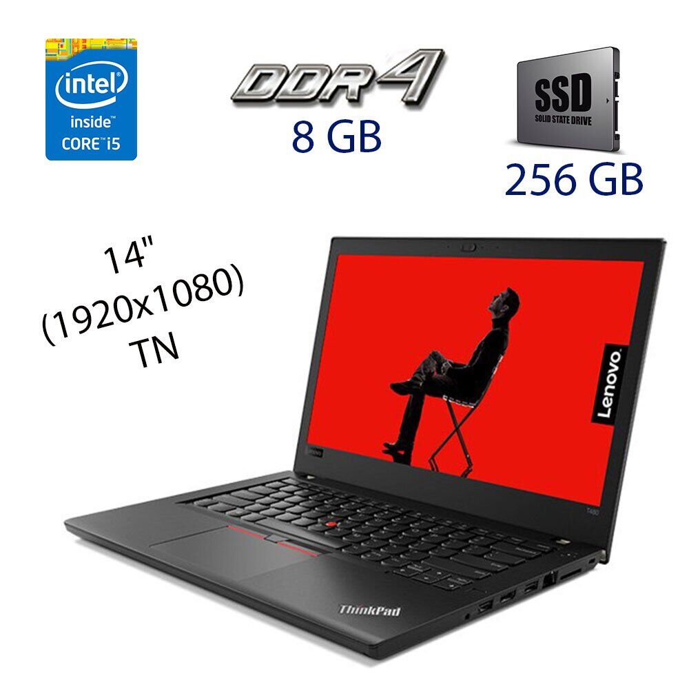 

Ультрабук Lenovo ThinkPad T480 / 14" (1920x1080) TN / Intel Core i5-8250U (4 (8) ядра по 1.6 - 3.4 GHz) / 8 GB DDR4 / 256 GB SSD / WebCam / NO ODD / USB 3.0