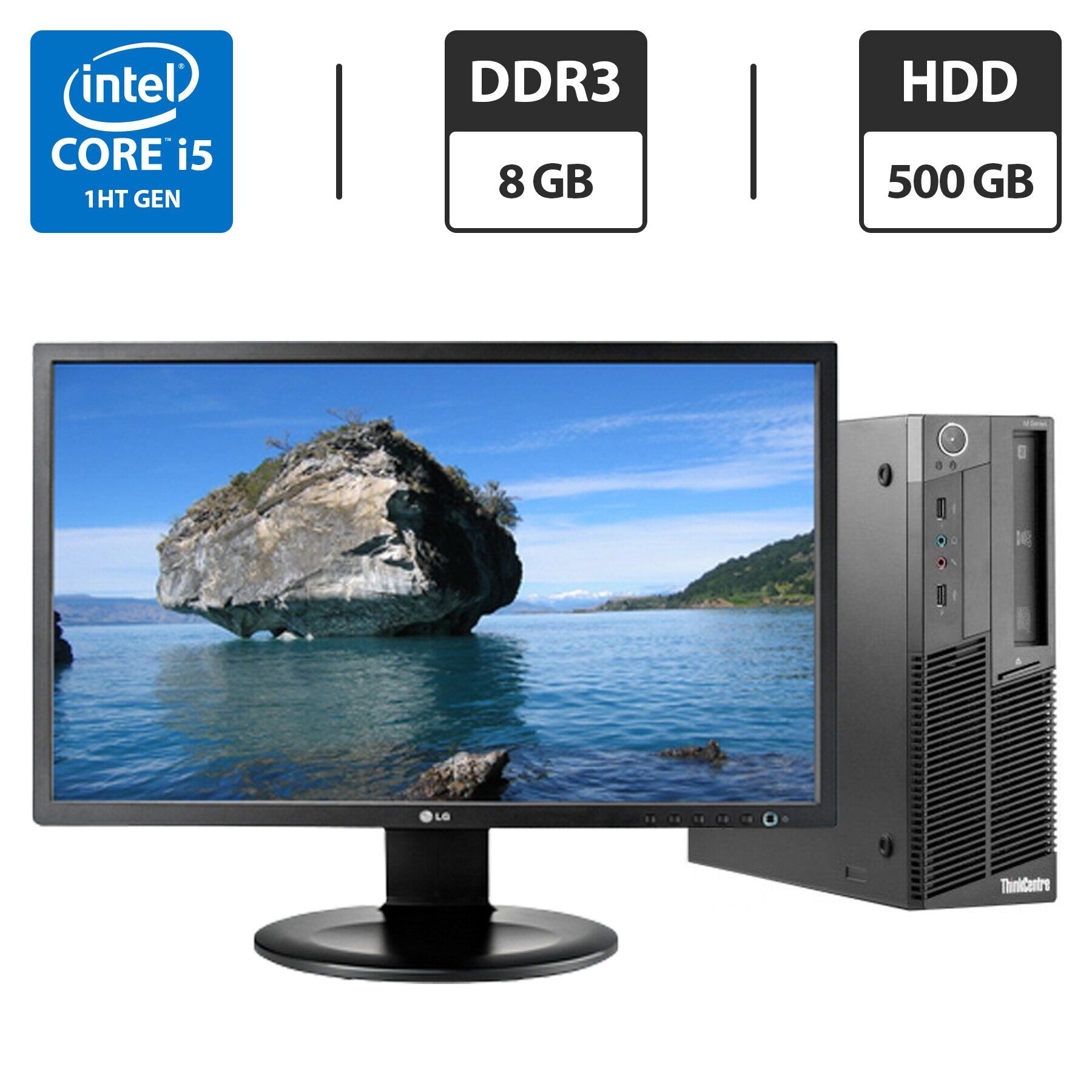 

Комплект ПК: Lenovo Think Centre M90 SFF / Intel Core i5-650 (2 (4) ядра по 3.2 - 3.46 GHz) / 8 GB DDR3 / 500 GB HDD / Intel HD Graphics 2000 + Монитор LG 24MB35PM-B / 24" (1920x1080) IPS / VGA / DVI + Wi-Fi адаптер, кабели в подарок