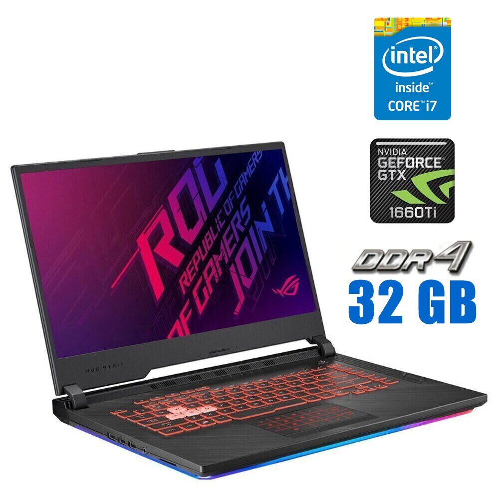 

Игровой ноутбук Asus ROG Strix G531GU / 15.6" (1920x1080) IPS / Intel Core i7-9750H (6 (12) ядра по 2.6 - 4.5 GHz) / 32 GB DDR4 / 512 GB SSD / nVidia GeForce GTX 1660 Ti, 6 GB GDDR6, 192-bit