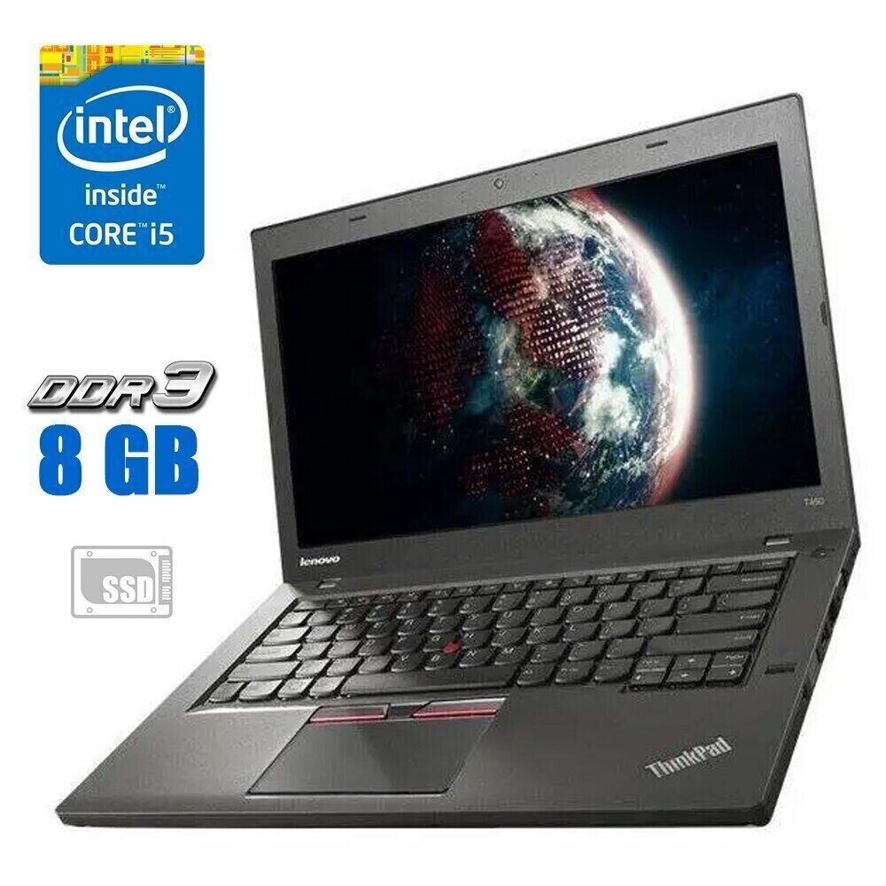 

Ноутбук Lenovo ThinkPad T450 / 14" (1366x768) TN / Intel Core i5-5200U (2 (4) ядра по 2.2 - 2.7 GHz) / 8 GB DDR3 / 120 GB SSD / Intel HD Graphics 5500 / WebCam