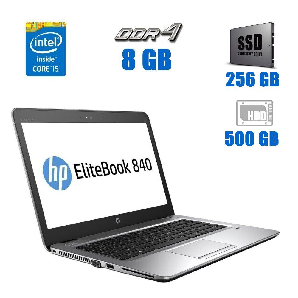 

Ноутбук HP EliteBook 840 G3 / 14" (1920х1080) TN Touch / Intel Core i5-6300U (2 (4) ядра по 2.4 - 3.0 GHz) / 8 GB DDR4 / 256 GB SSD + 500 GB HDD / Intel HD Graphics 520 / WebCam
