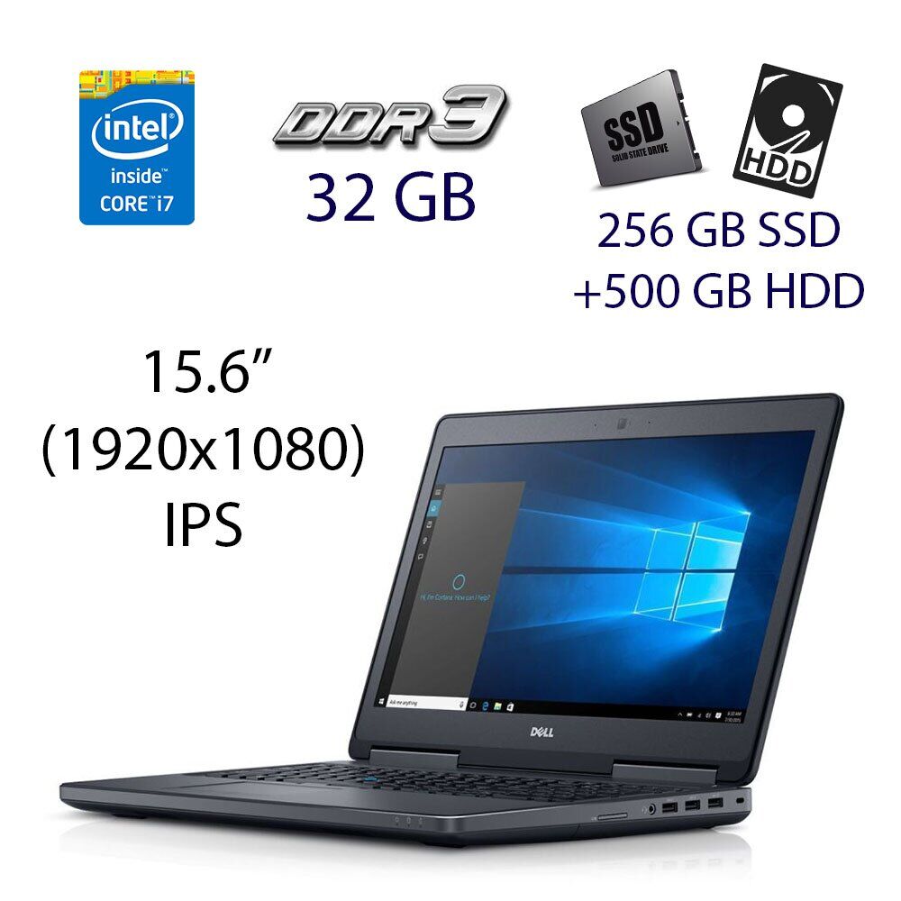 

Игровой ноутбук Dell Precision 7510 / 15.6" (1920х1080) IPS / Intel Core i7-6820HQ (4 (8) ядра по 2.7 - 3.6 GHz) / 32 GB DDR3 / 256 GB SSD+500 GB HDD / AMD Radeon R9 M375X, 2 GB GDDR5, 128-bit / HDMI