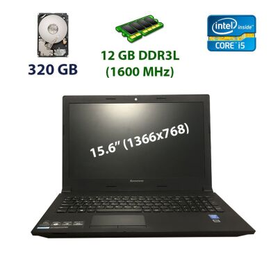 Lenovo B50-80 / 15.6" (1366x768) TN LED / Intel Core i5-5200U (2 (4) ядра по 2.2 - 2.7 GHz) / 12 GB DDR3 (1600 MHz) / 320 GB HDD / DVD-RW / WebCam / USB 3.0 / HDMI