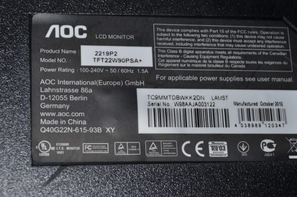 Монитор Б-класс AOC 2219P2 / 22" (1680x1050) TN / VGA, DVI / Встроенные колонки 2x 1W / VESA 100x100