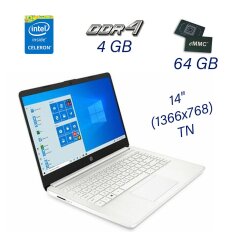 Новый ноутбук HP Laptop 14-dq0040nr / 14" (1366x768) TN / Intel Celeron N4020 (2 ядра по 1.1 - 2.8 GHz) / 4 GB DDR4 / 64 GB eMMC / Intel UHD 600 / WebCam / АКБ 5-6 часов