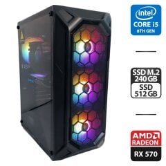 Ігровий ПК 1stPlayer FireBase X6 Tower / Intel Core i5-8500 (6 ядер по 3.0 - 4.1 GHz) / 16 GB DDR4 / 240 GB SSD M.2 + 512 GB SSD / AMD Radeon RX 570, 8 GB GDDR5, 256-bit / 500W + Кабелі (DVI та живлення)