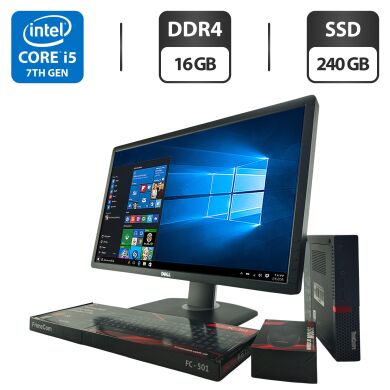 Комплект ПК: неттоп Lenovo ThinkCentre M710q Tiny USFF / Intel Core i5-7400T (4 ядра по 2.4 - 3.0 GHz) / 16 GB DDR4 / 240 GB SSD / Intel HD Graphics 630 / VGA / Блок живлення + Монітор 24" (1920x1080) TN / Різні бренди