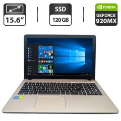 Ноутбук Asus R540N / 15.6" (1366x768) TN / Intel Celeron N3350 (2 ядра по 1.1 - 2.4 GHz) / 4 GB DDR3 / 120 GB SSD / nVidia GeForce 920MX, 2 GB GDDR3, 64-bit / WebCam