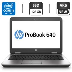 Ноутбук HP ProBook 640 G1 / 14" (1366x768) TN / Intel Core i5-4300M (2 (4) ядра по 2.6 - 3.3 GHz) / 8 GB DDR3 / 128 GB SSD / Intel HD Graphics 4600 / WebCam / DVD-ROM / АКБ NEW + Windows 10 Pro