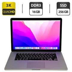 Ноутбук Б-класс Apple MacBook Pro 15 A1398 2015 / 15.4" (2880x1800) IPS / Intel Core i7-4770HQ (4 (8) ядра по 2.2 - 3.4 GHz) / 16 GB DDR3 / 256 GB SSD M.2 / Intel Iris Pro Graphics 5200 / WebCam / macOS