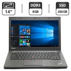 Ноутбук Б-клас Lenovo ThinkPad T450 / 14" (1600x900) TN / Intel Core i5-5300U (2 (4) ядра по 2.3 - 2.9 GHz) / 8 GB DDR3 / 256 GB SSD / Intel HD Graphics 5500 / WebCam + Бездротова мишка у подарунок