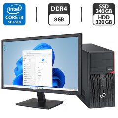 Комплект ПК: Fujitsu P556 E85 Tower / Intel Core i3-6100 (2 (4) ядра по 3.7 GHz) / 8 GB DDR4 / 240 GB SSD + 320 GB HDD / Intel HD Graphics 530 + Монитор Б-класс 22" (1680x1050) TN / DVI / Разные бренды + Клавиатура, мышка, кабели, Windows 11 Pro