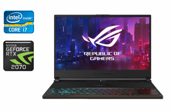 Ігровий ноутбук Asus Zephyrus S GX531GW / 15.6" (1920x1080) IPS / Intel Core i7-8750H (6 (12) ядер по 2.2 - 4.1 GHz) / 16 GB DDR4 / 512 GB SSD / nVidia GeForce RTX 2070, 8 GB GDDR6, 256-bit / WebCam / Windows 10 Ігровий ноутбук Asus Zephyrus S GX531GW / 15.6" (1920x1080) IPS / Intel Core i7-8750H (6 (12) ядер по 2.2 - 4.1 GHz) / 16 GB DDR4 / 512 GB SSD / nVidia GeForce RTX 2070, 8 GB GDDR6, 256-bit / WebCam / Windows 10