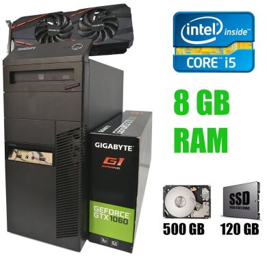 Компьютер Lenovo M82 Tower / Intel Core i5-3330 (4 ядра по 3.0 - 3.2 GHz) / 8 GB DDR3 / NEW 120 GB SSD + 500 GB HDD / nVidia GeForce GTX 1060 3 GB GDDR5, 192-bit / NEW БП 500 Вт