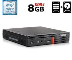 Неттоп Lenovo ThinkCentre M720q Tiny USFF / Intel Core i3-8100T (4 ядра по 3.1 GHz) / 8 GB DDR4 / 120 GB SSD + 500 GB HDD / Intel UHD Graphics 630 / USB 3.1 / Блок живлення в комплекті