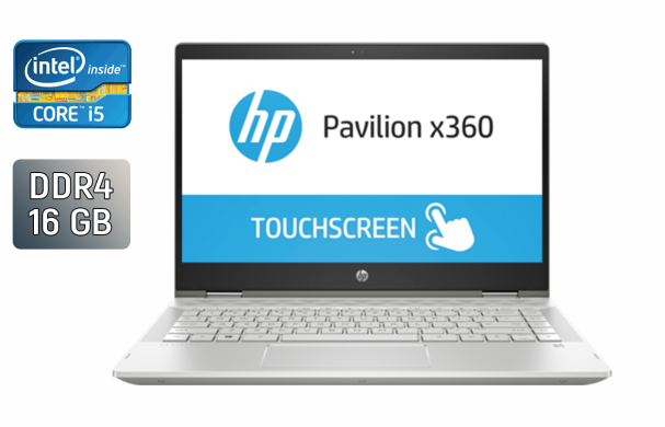 Ноутбук-трансформер Б-клас HP Pavilion x360 14m-cd0003dx / 14" (1920x1080) IPS Touch / Intel Core i5-8250U (4 (8) ядра по 1.6 - 3.4 GHz) / 16 GB DDR4 / 480 GB SSD / Intel HD Graphics 620 / WebCam / Windows 10