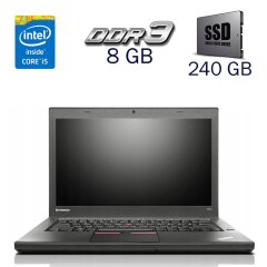 Ноутбук Б-клас Lenovo ThinkPad T450 / 14" (1600x900) TN / Intel Core i5-5300U (2 (4) ядра по 2.3 - 2.9 GHz) / 8 GB DDR3 / 240 GB SSD / Intel HD Graphics 5500 / WebCam / Windows 10 PRO Lic