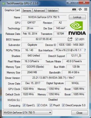 Дискретная видеокарта nVidia Gigabyte GeForce GTX 750 Ti, 2 GB GDDR5, 128-bit / DVI, HDMI