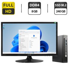 Комплект ПК: HP ProDesk 600 G2 Mini PC USFF / Intel Core i3-6100T (2 (4) ядра по 3.2 GHz) / 8 GB DDR4 / 240 GB SSD / Intel UHD Graphics 530 / USB Wi-Fi + Монитор Б-класс Terra 2420W / 24" (1920x1080) TN + Клавиатура, мышка, кабели, блок, Windows 11 Pro