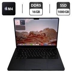 Ультрабук Б-клас Apple MacBook Pro 14 2024 Space Black / 14.2" (3024x1964) IPS / Apple M4 (10 ядер по 2.85 - 4.5 GHz) / 24 GB DDR5 / 1000 GB SSD / Apple M4 Graphics / WebCam / MDM / MacOS