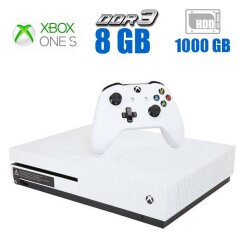 Ігрова консоль Microsoft Xbox One S Model 1681 / AMD Jaguar x86-64 (8 ядер по 1.75 GHz) / 8 GB DDR3 / 1000 GB HDD / AMD Radeon GPU, 8 GB DDR3, 256-bit / Blu-Ray / WiFi + джойстик + гра